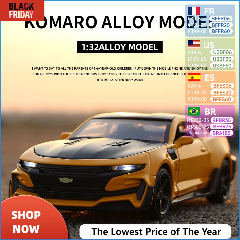 Chevrolet Camaro Alloy Car Model, 1:32, Diecasts, Veículos de brinquedo, Modelo de carro, Som e Luz, Carro puxado, Brinquedos para crianças,