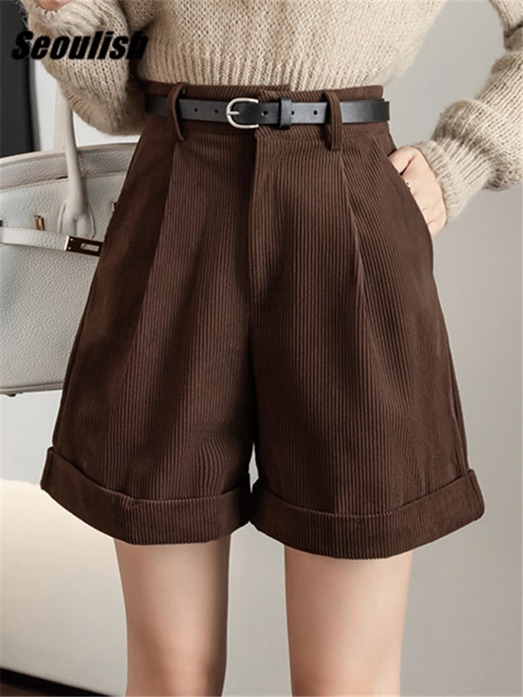 Seoulish 2022 New Corduroy Women's Cargo Shorts with Belted Autumn Winter High Waist Wide Leg Shorts Vintage Female Trousers