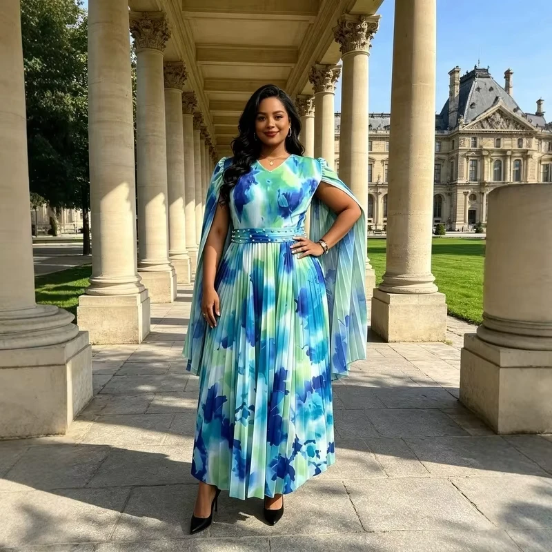 ANLAN New Miyaki Women V‑Neck Cape Sleeve Printed Pleated Maxi Dress Beaded Waistband Formal Evening Party Gown Dresses 2AN8329