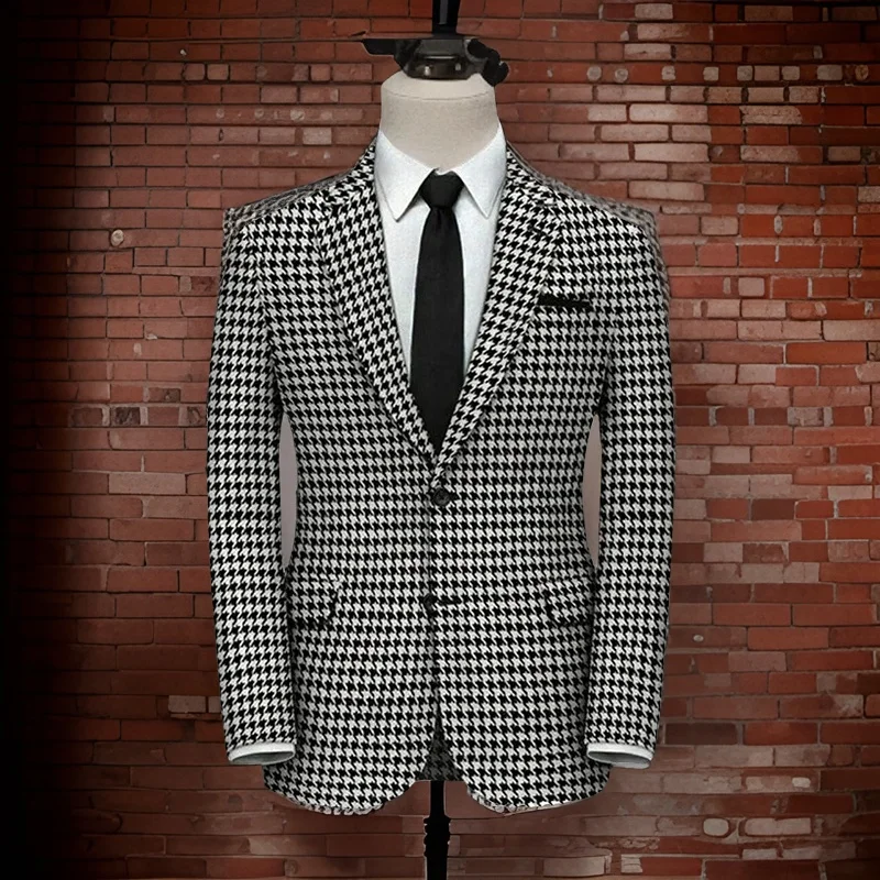 Plaid Blazer for Men 1 PCS Suit Jacket with Side Slit Slim Fit Houndstooth Checked Casual Coat 2024