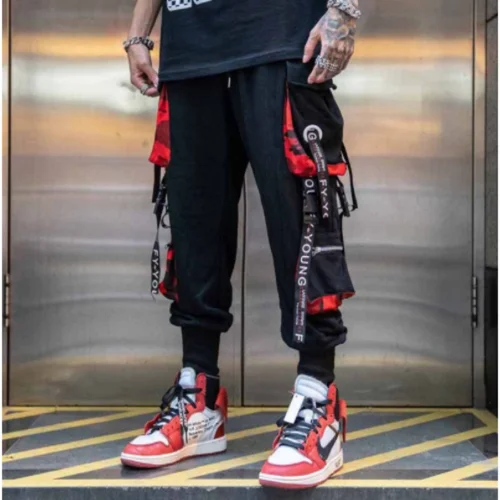 Pantalones Cargo para hombre, pantalones informales de Hip Hop de colores con múltiples bolsillos, ropa de calle con cintas, pantalones de chándal Techwear