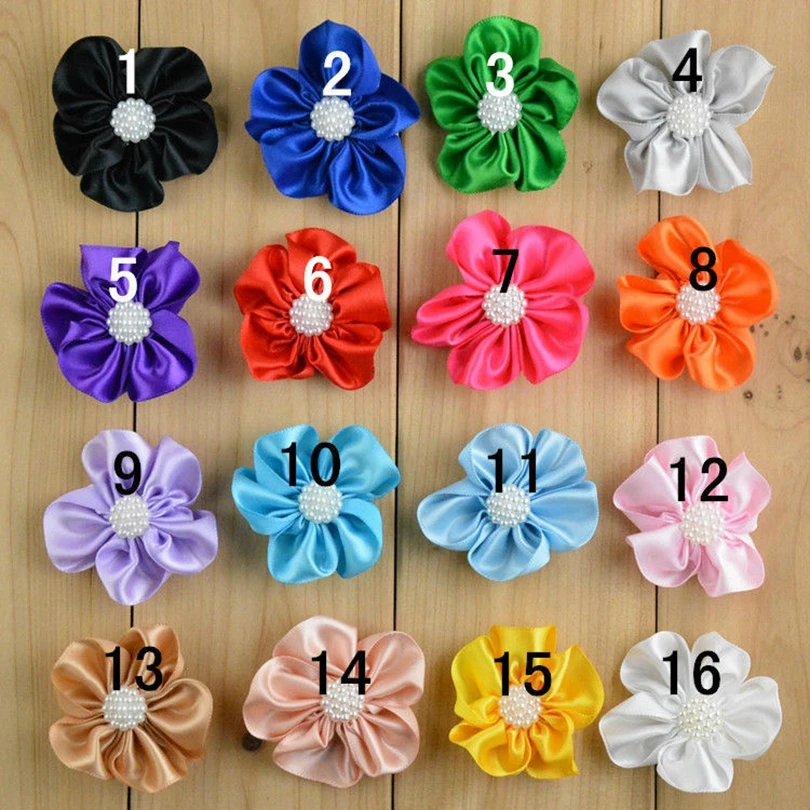 

100 шт./лот, 2,17 дюйма, лента с пятнами, жемчужный цветок, бутик, мини-цветы для одежды, аксессуары для одежды, тканевые цветы для повязки на голову