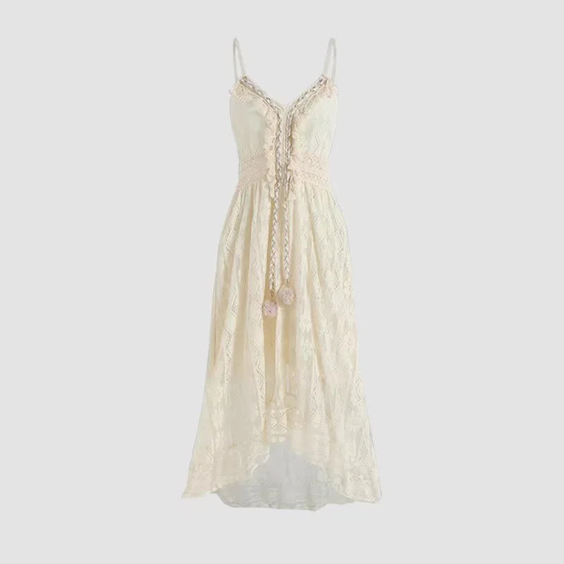 Summer new European and American lace suspender pendulum solid color long dress solid color - Image 4