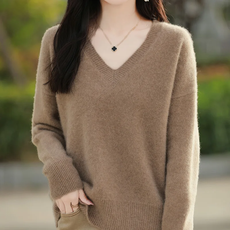 100% Pure Wool Knitted Loose Sweaters For Women V-neck Long Sleeve Standard Cashmere Knitwear 2024 Autumn/Winter Female Tops