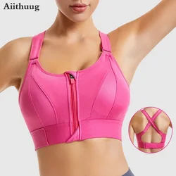 AiiCanadian DPSexy-Soutien-gorge de yoga à fermeture éclair sur le devant pour femme, bretelles croisées, rembourré, antichoc, froncé, sans couture, sans fil, sport, gym