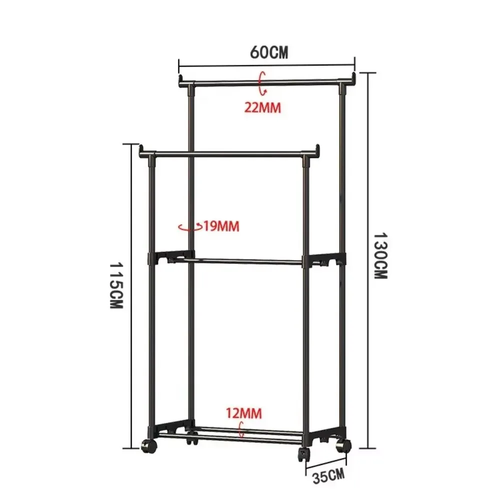 Double Rod Coat Rack Floor Standing Clothes Hanger Portable Simple Movable Clothing Shelf Bedroom Storage Racks Closet Organizer