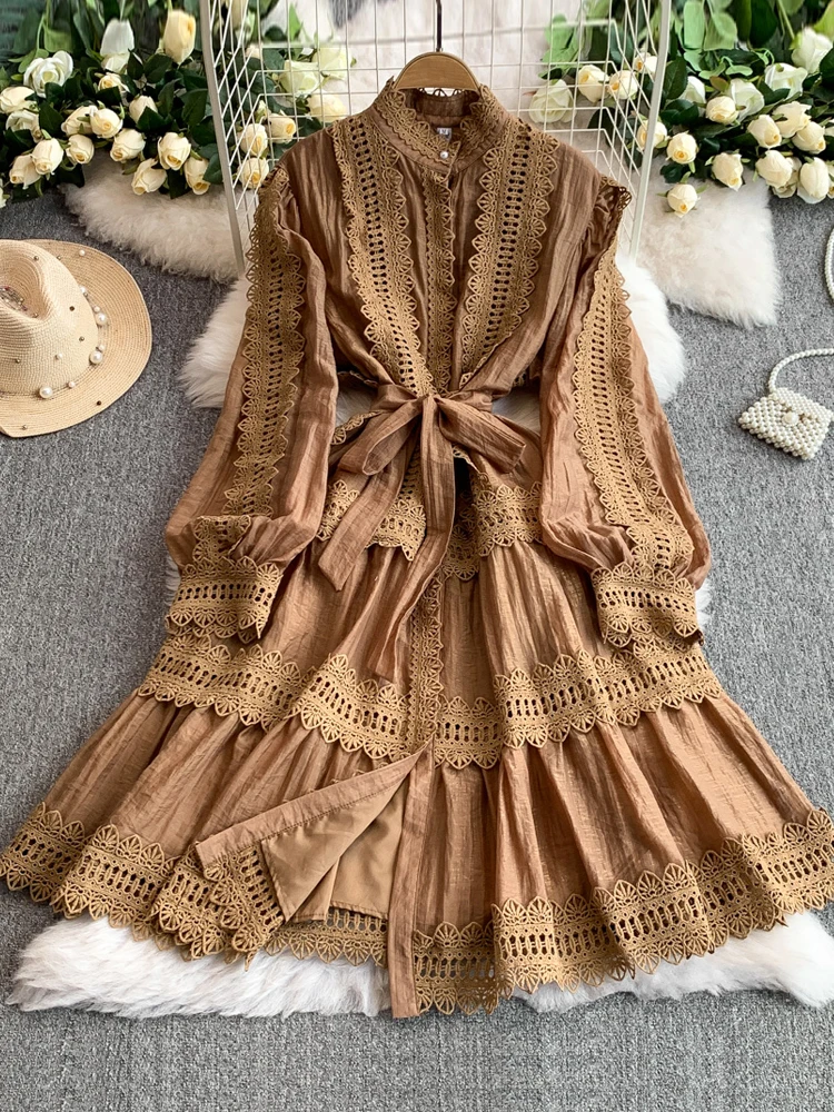 Luksusowa damska sukienka koszulowa z koronkowymi wstawkami i szarfami Elegancka biała sukienka midi z długim rękawem 2025 New Beach Ladies INKEO 5D159