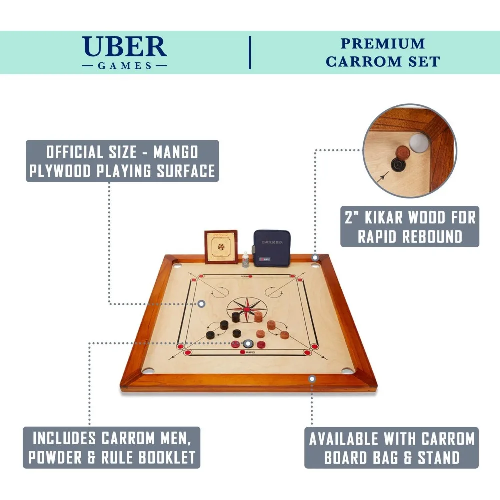 Plateau de jeu de taille officielle, comprenant des hommes de carrom, Striker et des bords en bois dur en poudre pour un meilleur rebond, fabriqué en Inde, 33x33 po