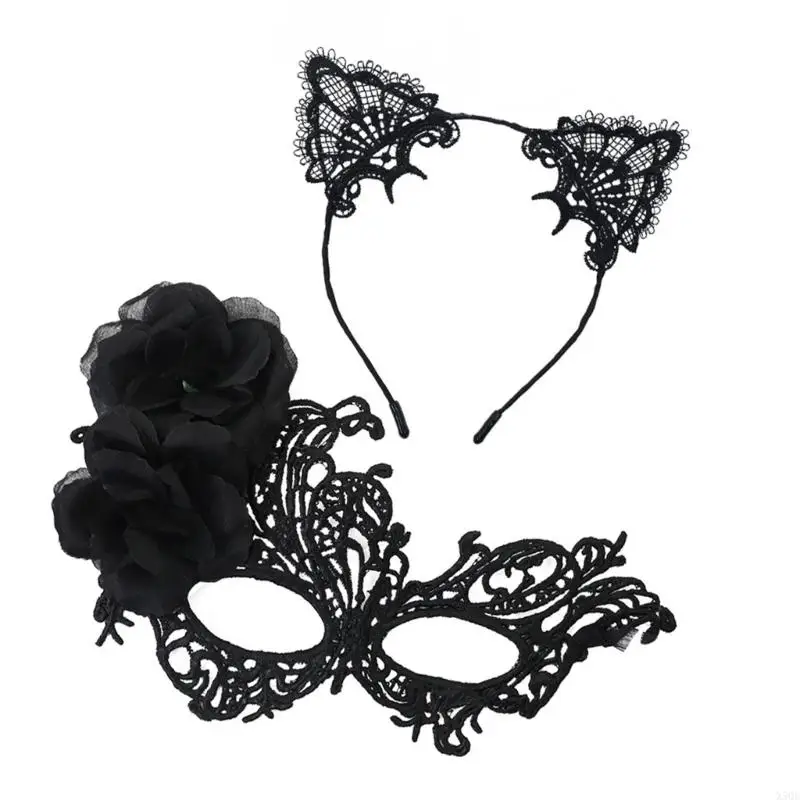 Elegant kanten halfgelaatsmasker en kattenoorhoofdbandset voor cosplay-themafeesten