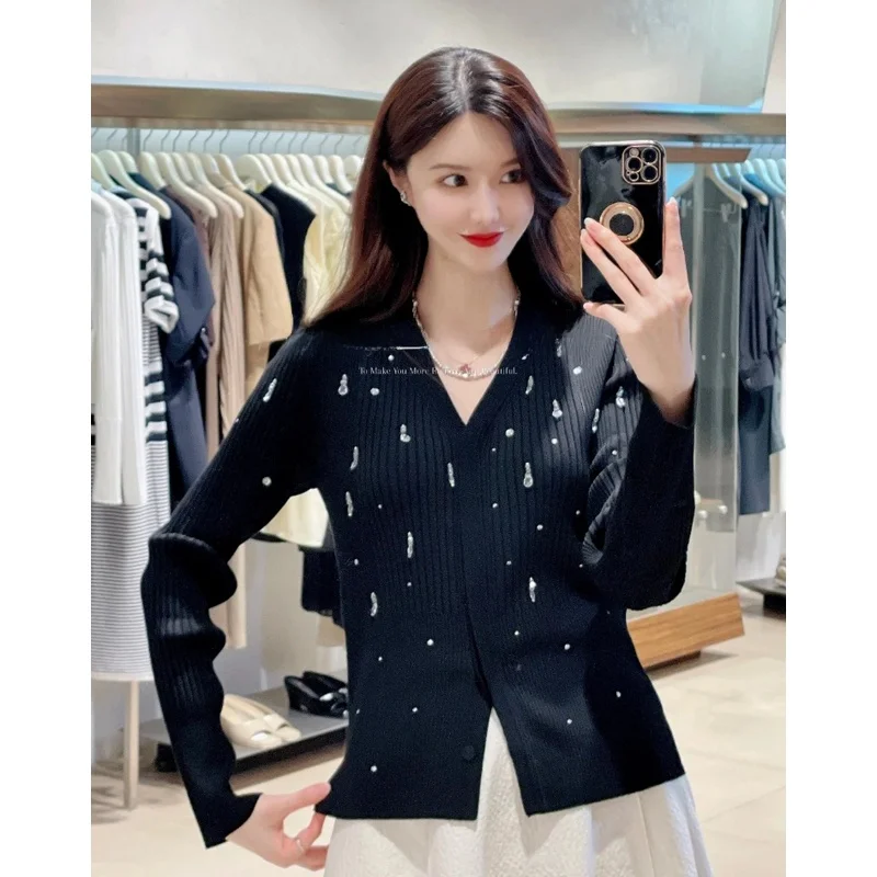 

Ele MICOAT вязаный облегающий женский открытый кардиган с V-Ne Diamond Embellied Long Sve Chic Sli Autumn Faion