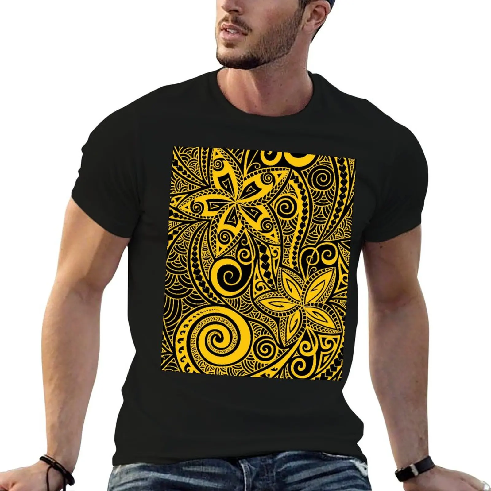 Black mustard yellow Polynesian floral design T-Shirt sports fans tees heavy weight t shirts for men