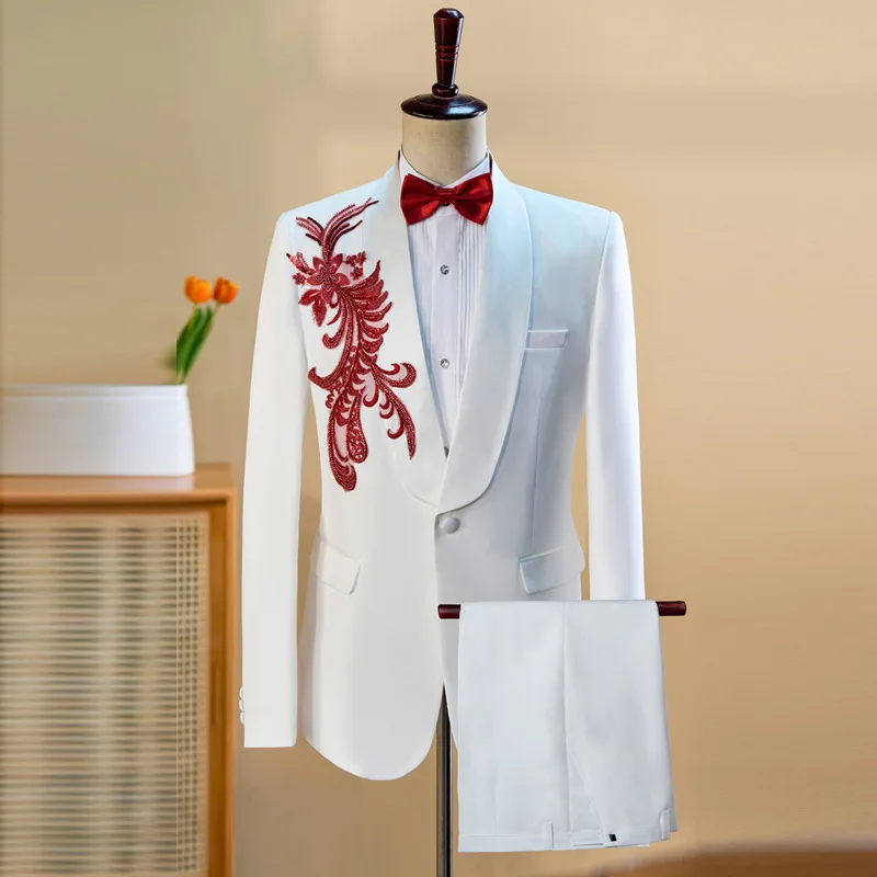 Men Wedding Suit Embroidery Blazer Pants Set Male Host Singer Chorus Stage Performance Suit Groom Banquet 2 Pieces Outfit