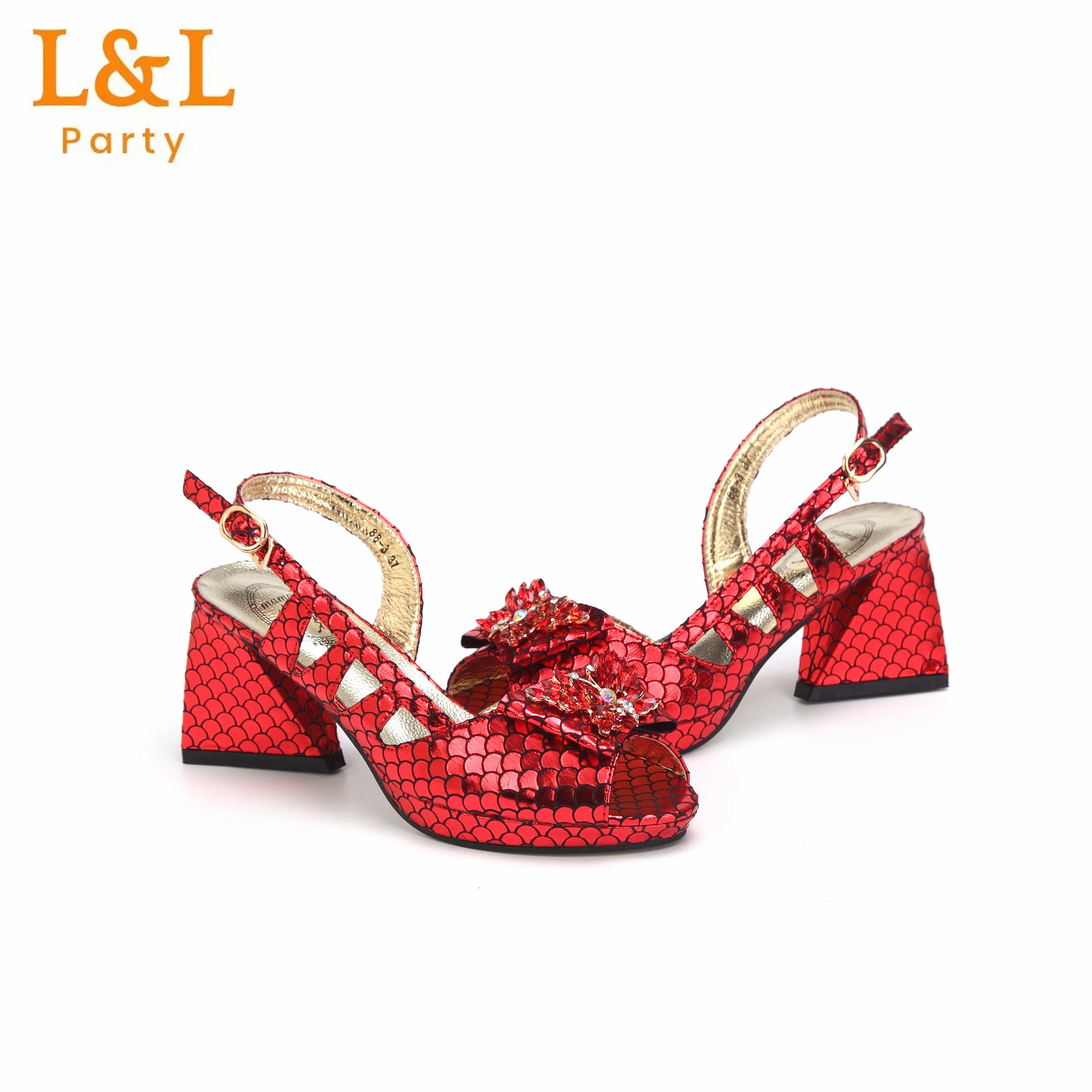 2024 High Quality Peep Toe Fishscale Design Shoes Matching Bag Set in Red Color For Nigerian Women Wedding Party