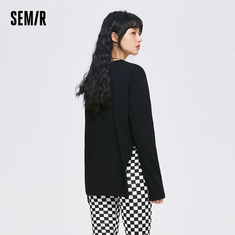 Semir Long Sleeve T-Shirt Women Cotton Round Neck Loose Personality 2022 Autumn New Design Asymmetric Pullover T Shirt