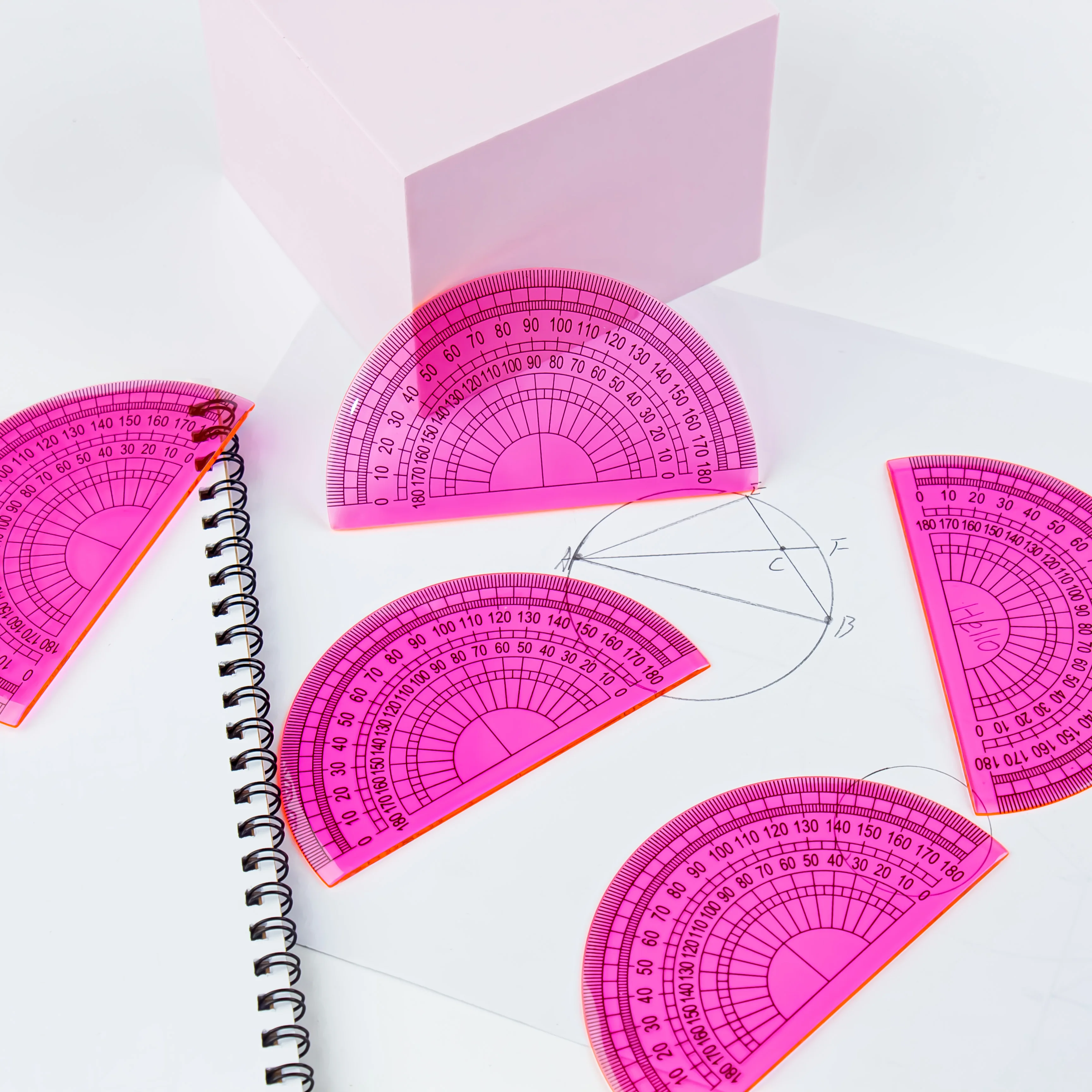 Pink Solid Protractor, Transparent Plastic Student Drawing Measuring Tool, 10 Pcs Set