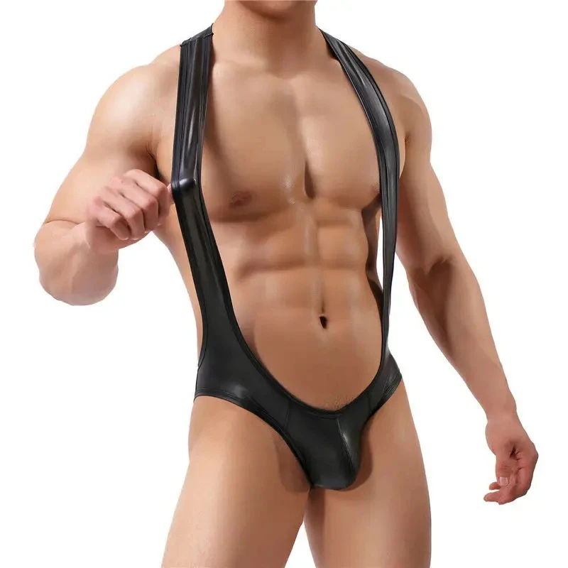 Erotic Gay Bodysuits Leotard Men PU Leather Jockstrap String Jumpsuits Undershirts Penis Pouch Open Butt Black Latex Clubwear