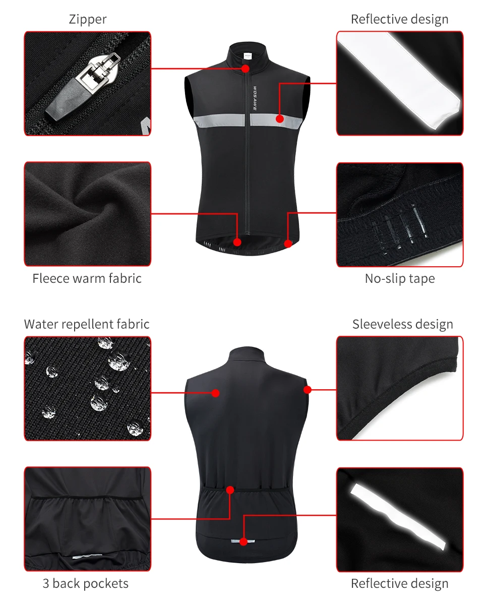 WOSAWE Winter Sleeveless Jacket Men\'s Fleece Cycling Vest Reflective Windproof Windbreaker Warm up MTB Bike Vest Cycling Clothes