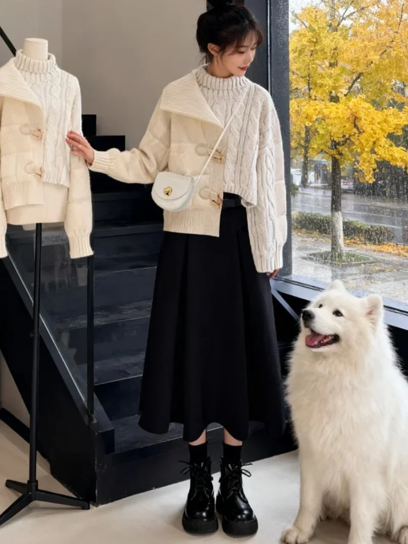 

Осень-зима, корейский хлопковый вязаный свитер с воротником-стойкой, свободная повседневная юбка-миди, комплект из футболки, модный универсальный ...