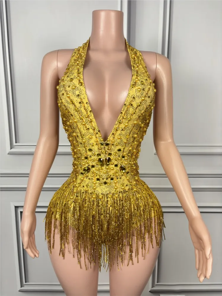 

Sexy Nightclub Bar DS Performance Dress GOGO Leading Dance Dress Gold Tassel Deep V Hanging Neck Jumpsuit Shorts