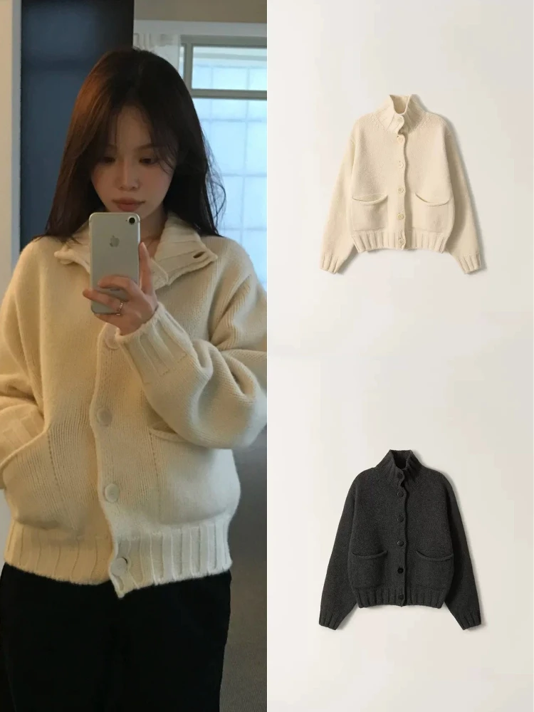 

Knitted Open Cardigan Women's Soft Loose Lapel Sweater Coat Casual Sle Long Sve Button ket Casual Faion