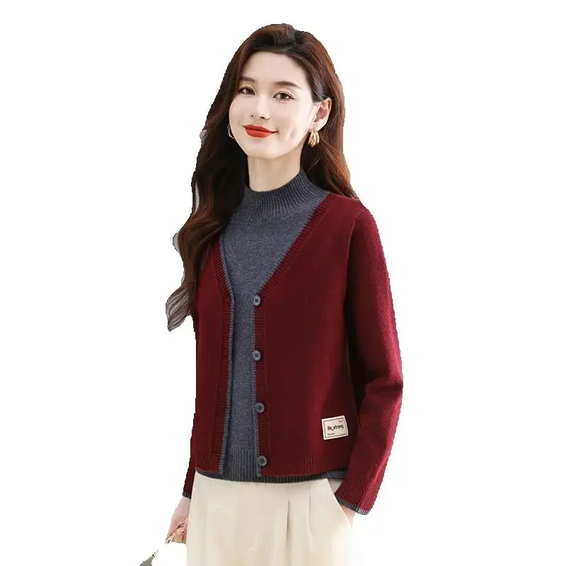 

Spring Autumn Women Sweater Pullover New Fashion Color Matching Fake Two Short Knitted Sweater Jacket Female Coat Tops Clothing