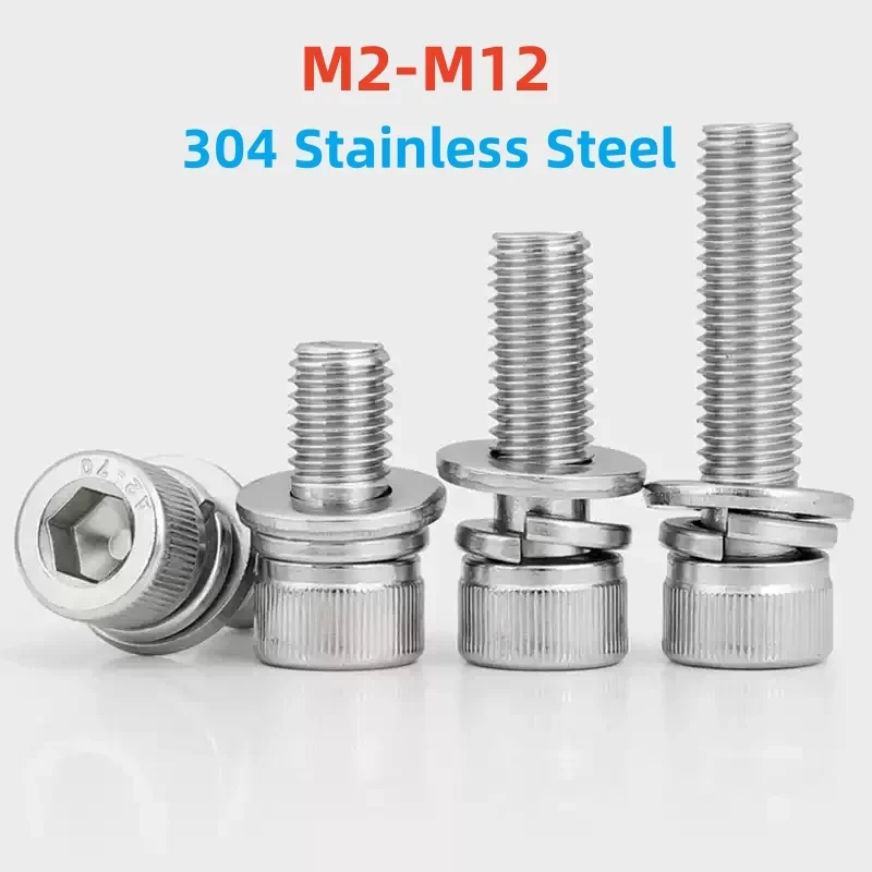 304 Stainless Steel Hexagon Hex Socket Head Knurled Cap Head Screw M2-M12 With Flat Washer Spring Gasket Assemble Bolts