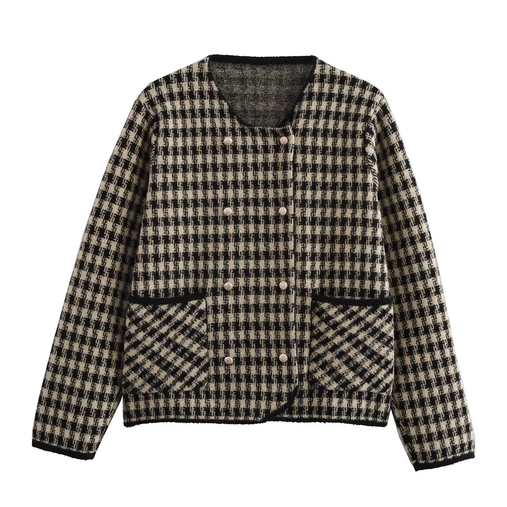 

Winter new fashionable women's clothing casual and elegant design sense Thousand Bird Grid Xiaoxiang knitted sweater cardigan