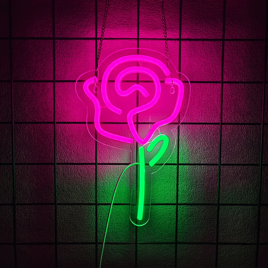 لافتة نيون LED على شكل زهرة، وردة وردية مع أيقونة جذعية خضراء، تستخدم لغرفة النوم، والإكسسوارات المنزلية، ومتجر الزهور، والحفلات، وديكور العطلات. #1