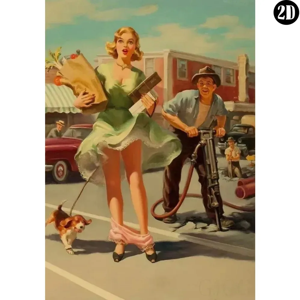 Vintage Metal Tin Sign, Retro Pin‑Up Girl Construction Jackhammer Street‑Scene Wall Decor For Garage Man‑Cave Bar