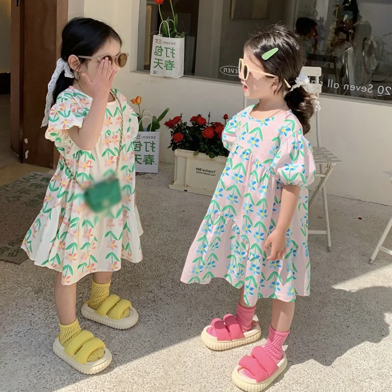 Summer Girls Dress Round Neck Puff Sleeve Floral Print Long Dress Children Casual Clothes Kids Sweet Princess Dress