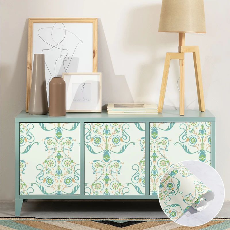 

Blue Floral Geometry PVC Waterproof Wallpaper Retro Fresh Euclidean Removable Wallpaper Peel And Stick Vintage Cabinet Sticker