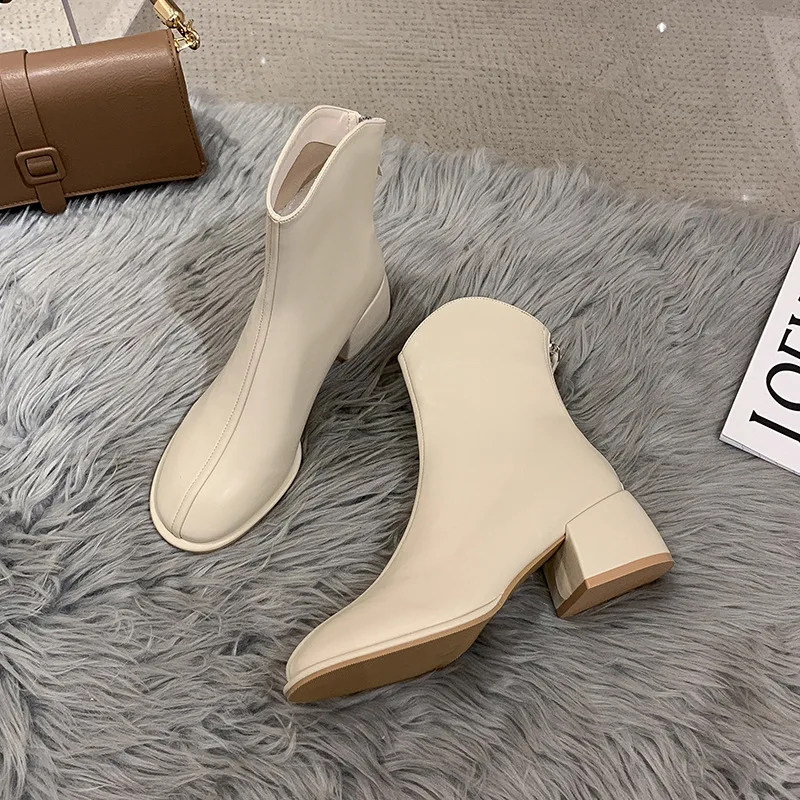 Luxury Brand Women Beige 5cm Black High Heels Ankle Winter Female Square Toe Chelsea High Quality Ladies Short Boots New Shoes