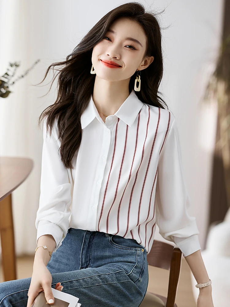 Lo más nuevo de 2025, moda de primavera, blusa de gasa de manga larga empalmada para mujer, camisa informal OL de oficina con cuello vuelto elegante, Tops para mujer