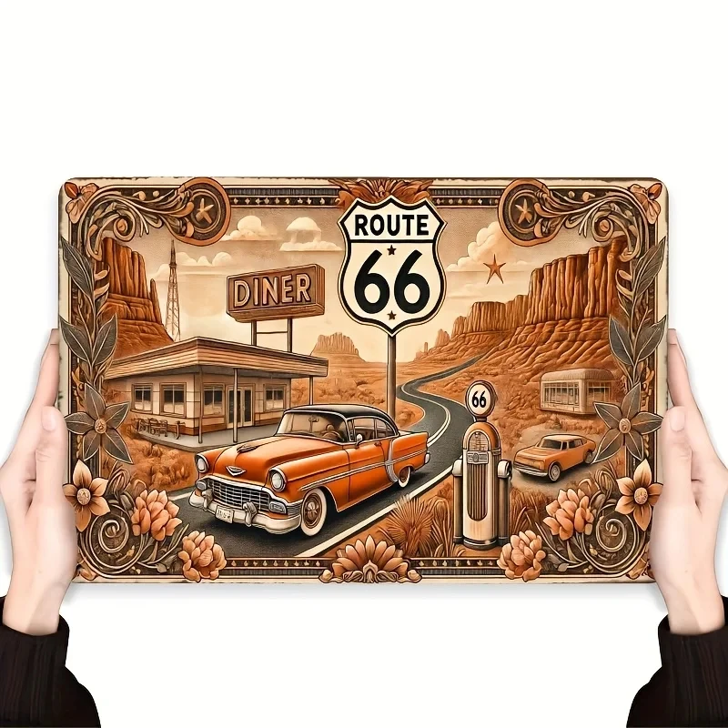 Vintage Route 66 Metal Sign - Retro Iron Wall Art Featuring Classic Cars, Restaurants, and Picturesque Desert Scenery, American Style for Both Indoor and Outdoor Use