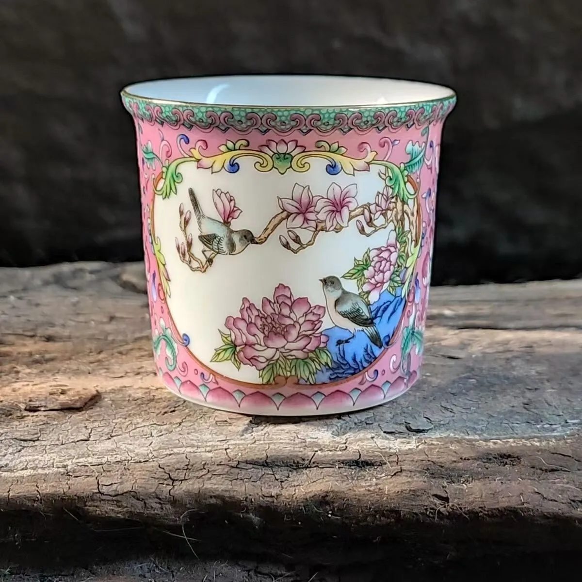 chinese jingdezhen famille rose tea cup: bird and plumflower