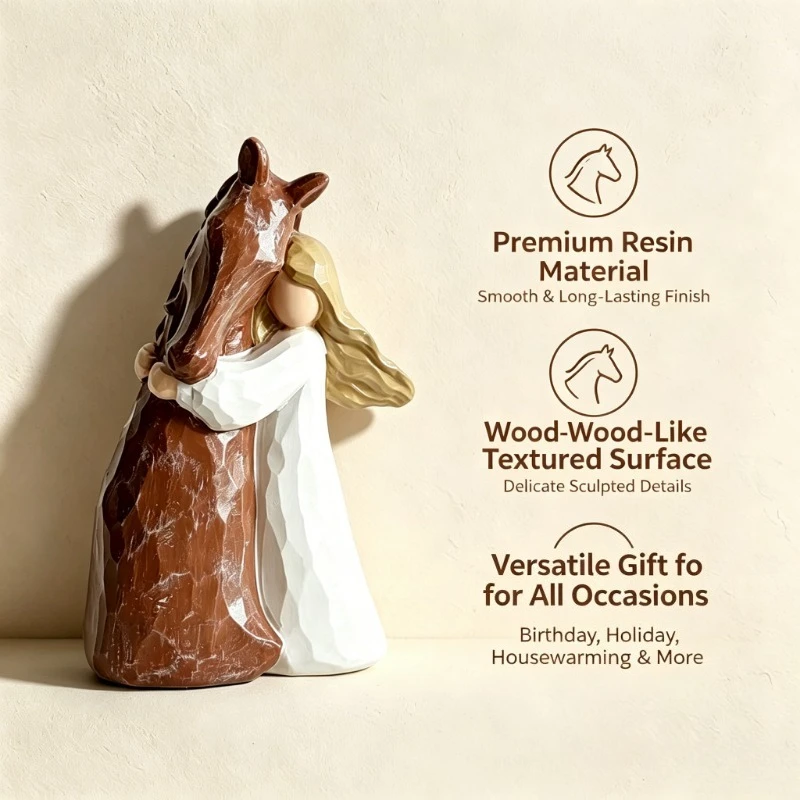 Resin Angel Girl Hugging Horse Figurine, Hand-Carved Texture Statue, Healing Home Desktop Decor Ornament, Gift for Horse Lovers