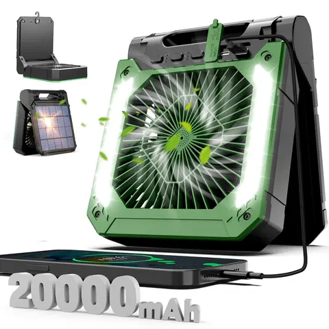 Cordless Portable Electric Fan With Led Light Tent Car Camping Hook&USB&Solar Charging For Hiking Fishing Picnic Emergency
