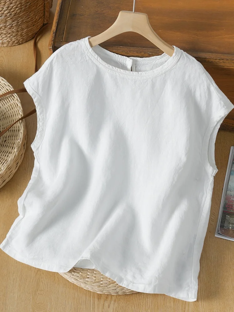 เสื้อผ้าผู้หญิงสีพื้นผ้าลินินหรือผ้าฝ้าย สไตล์วินเทจ ทรงกลม คอโอเวอร์เฮด ทรงหลวมบางเบา เหมาะสำหรับฤดูร้อน