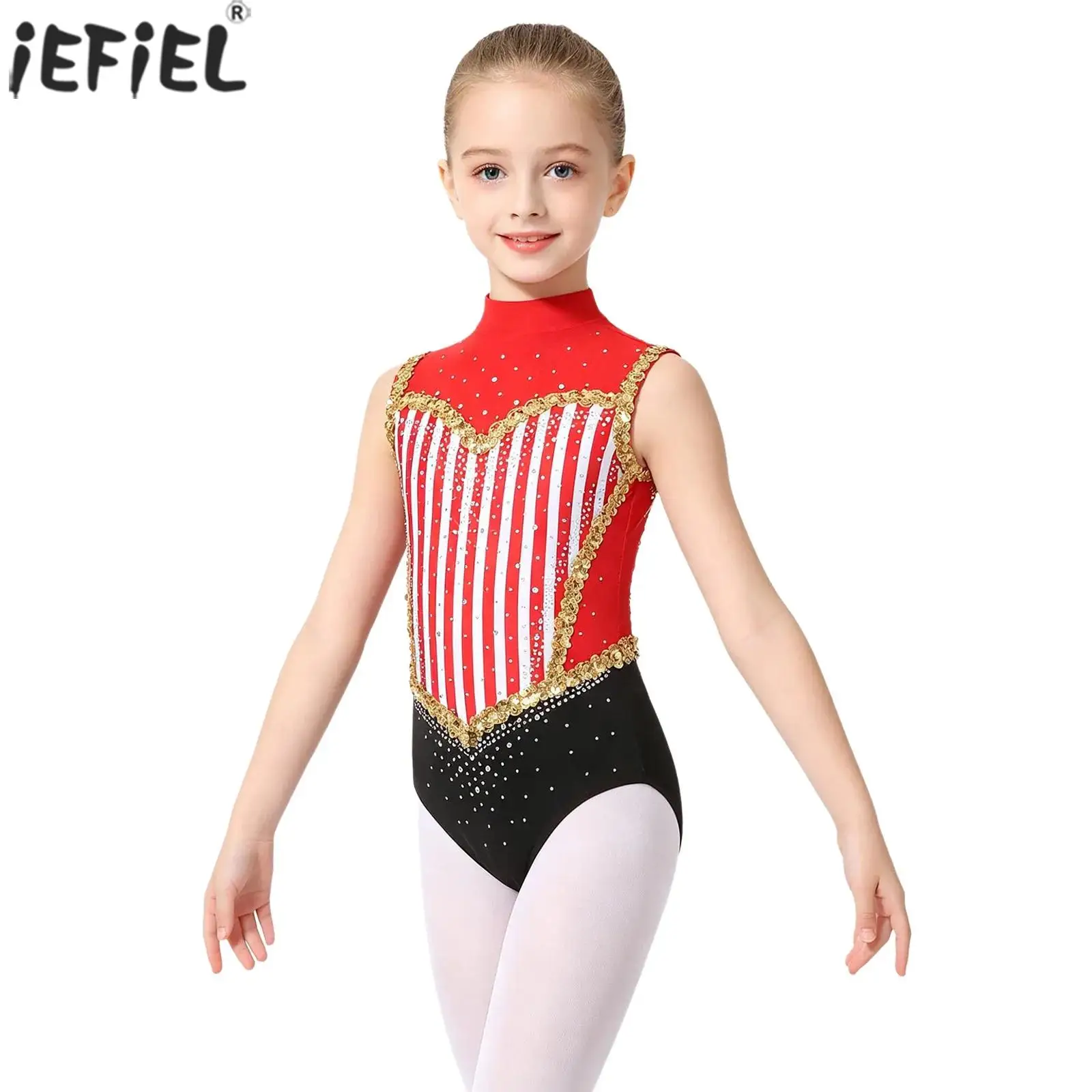 Kids Girls Circus Ringmaster Costume Glitter Rhinestones Sleeveless Striped Bodysuit Ballet Gymnastics Leotard Carnival Dress Up