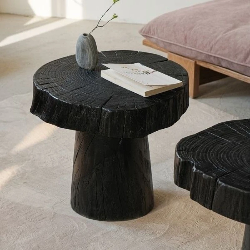 

Solid wood pier carbonized black coffee table wabi-sabi log stool B&B living room sofa corner table ornament wooden stake stool