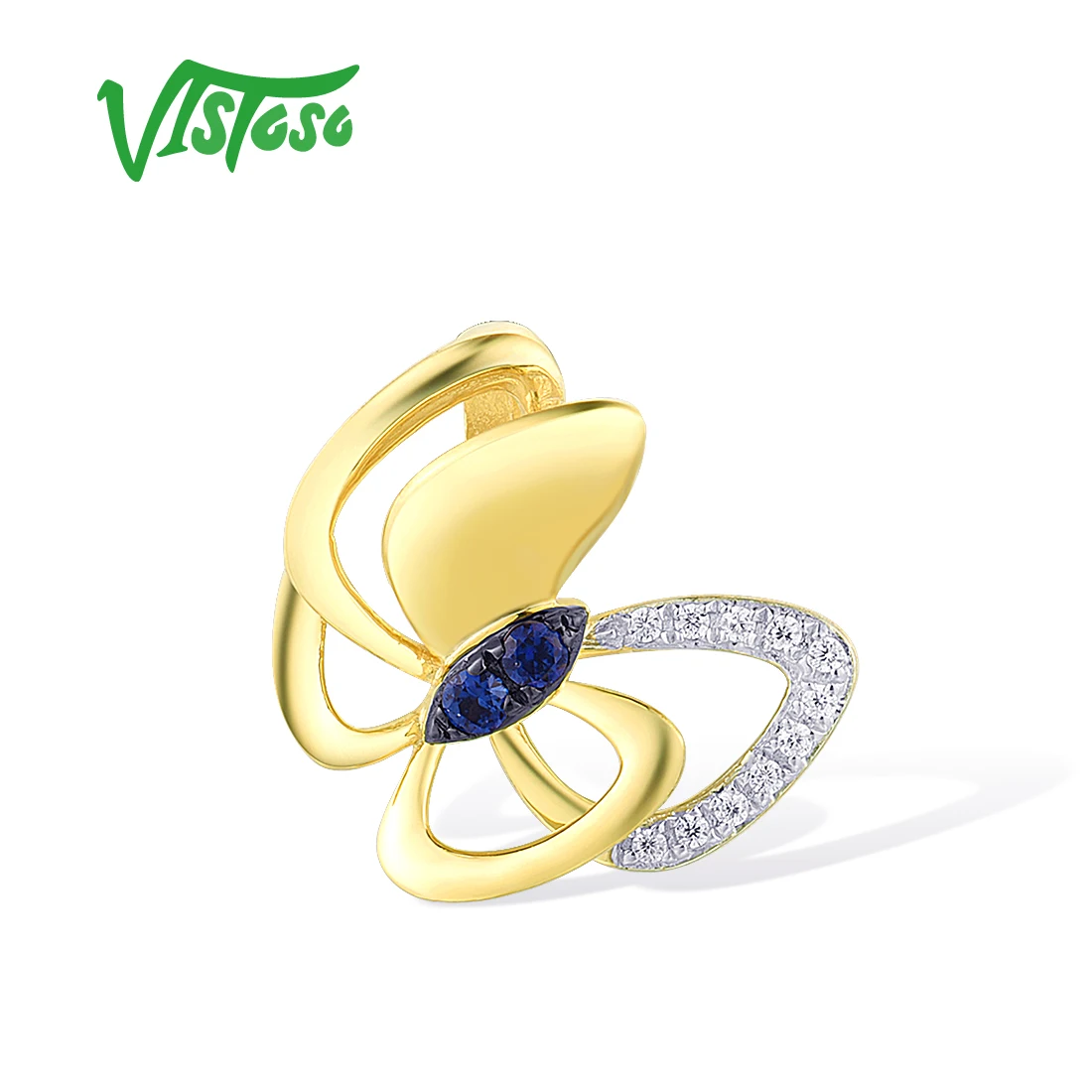 VISTOSO Genuine 14K 585 Yellow Gold Pendant For Women Marquise Blue Sapphire Diamond Butterfly Wedding Anniversary Fine Jewelry