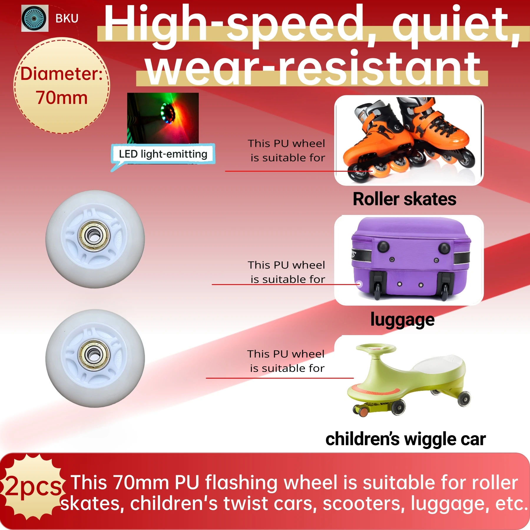 

2 шт./упак. колеса с подсветкой 70 мм — бесшумные и прочные полиуретановые колеса для роликовых коньков и скутеров (замена OEM, включает подшипники)