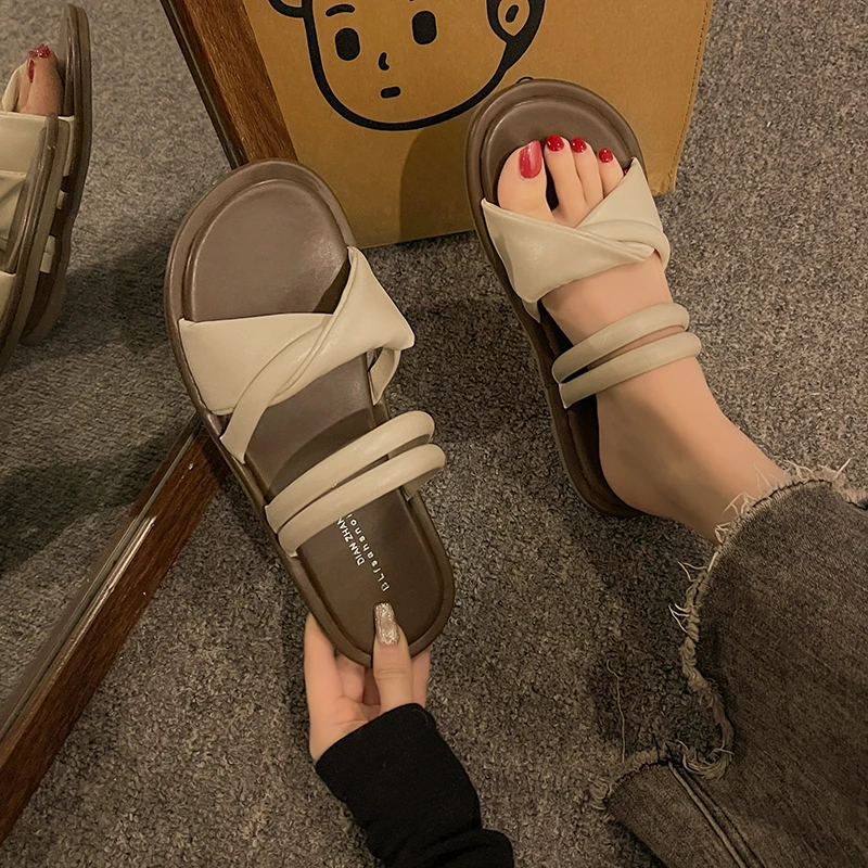 Flat Slippers Female Summer Wear 2024 New Korean Version of The French Evening Wind Temperament Fairy Leisure Beach Sandals