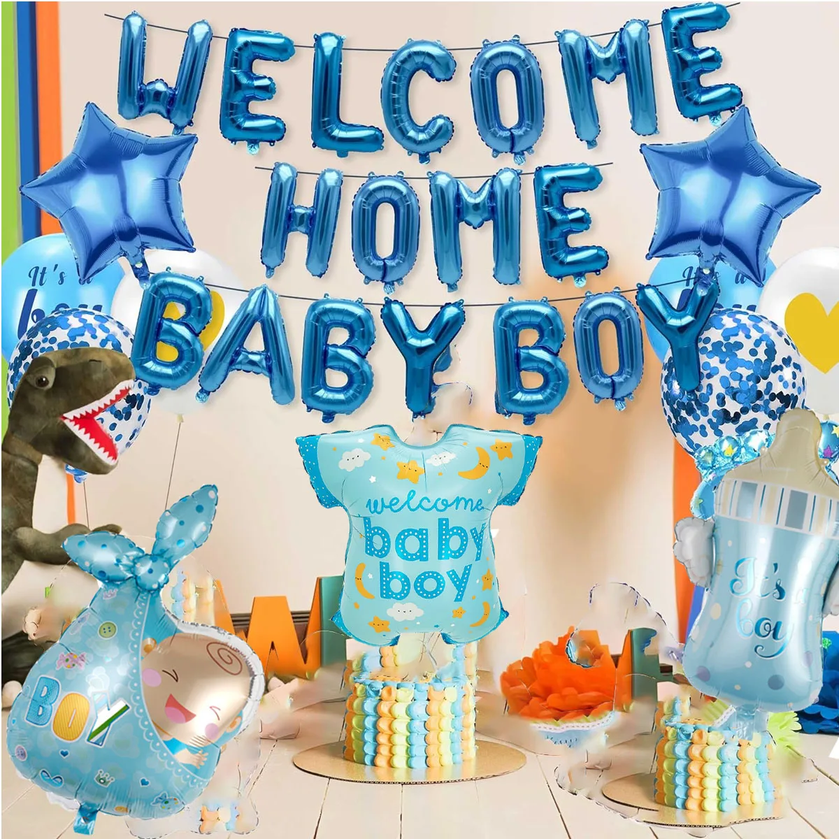 23-teiliges Blaues 'Welcome Home' Baby Boy Buchstaben-Set mit Sternen für Babyparty, Ersten Geburtstag und Geschlechtsenthüllungsparty