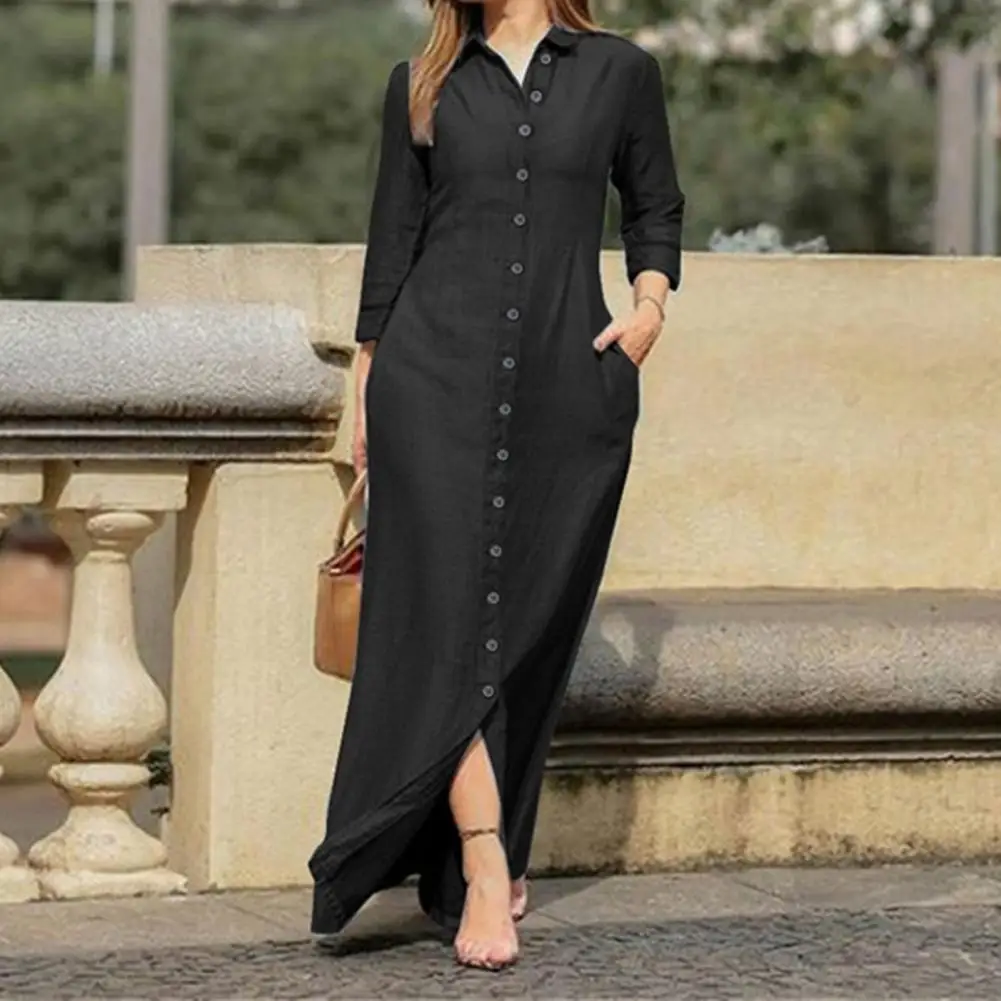 Shirt Dresses Turn-Down Collar 3/4 Sleeve Women Dress Two Pockets Single Breasted Denim Maxi Dress Party Vestidos Robe