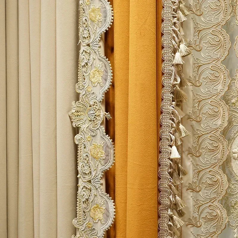 

Luxury Custom Curtains for Living Dining Room Bedroom French Light Two-color Patchwork Curtain Embroidered Tulle Villa Curtain