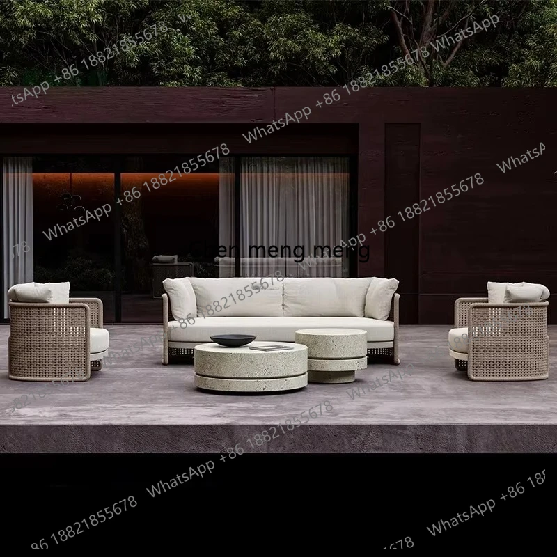 Hotel Poolside Leisure Modern Outdoor Teak Wood Woven Fire Pit Garden Sofa Set Rattan Aluminum Frame Rope Patio Furniture