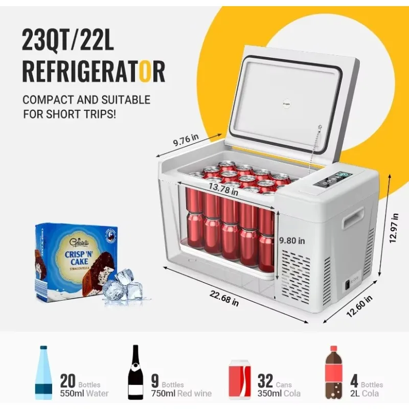 Réfrigerador para automóvil BougeRV, enfriador de compresor de congelador portátil de 23 cuartos, 12/24 V CC 110 ~ 240 voltios CA para camión Van RV Camper