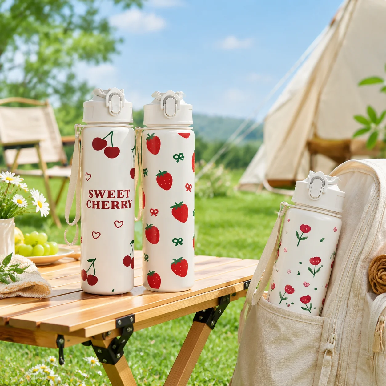 750ML Niedlicher Trinkbecher mit Erdbeer-, Kirsch- und Blumenmuster sowie Schleifendesign, mit Reinweißem Boden, Hochwertiger Strohhalmbecher für Sport – Detail 4