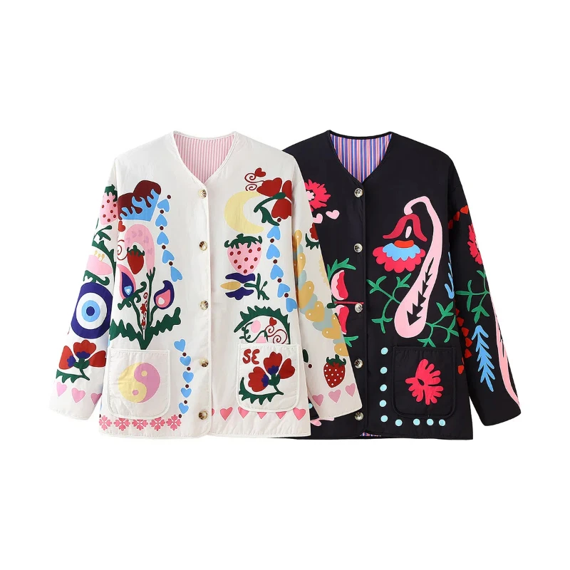 

Design Sense Retro Spicy Girl Patchwork Printed Pocket Cotton Jacket Loose and Versatile Casual Jacket